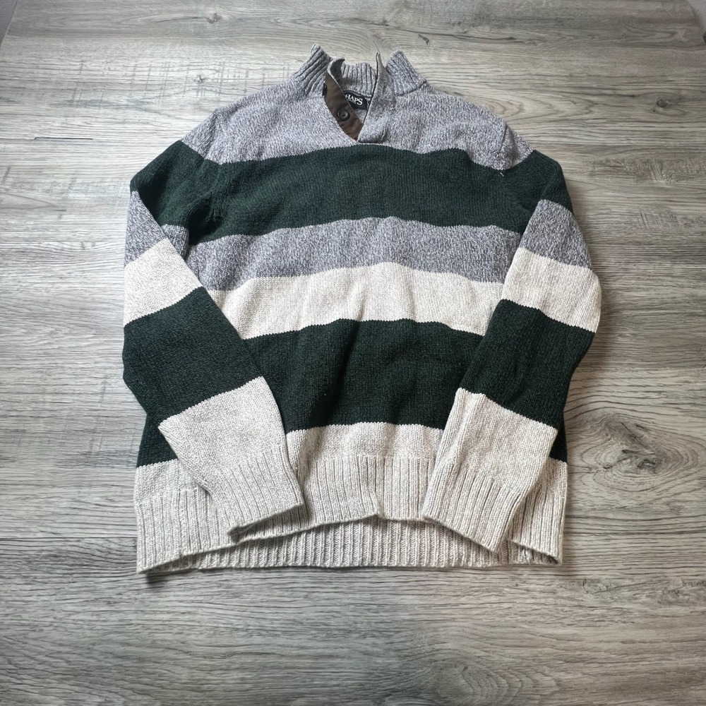 Chaps Sweater Mens Medium Green Grey Striped Quarter Button Mock Neck Pullover